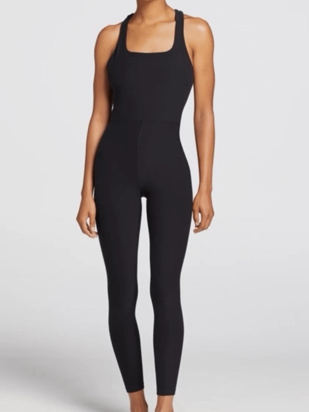 CALIA Black Square Neck Sleeveless Bodycon Crop Ankle Jumpsuit Cross Back, XL